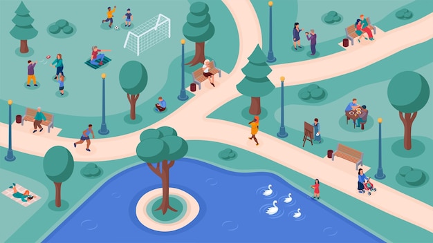 People crowd in park weekend lifestyle activity aerial view. young adult man and woman recreation, family, children and friends community do sport and relax outside on nature vector illustration