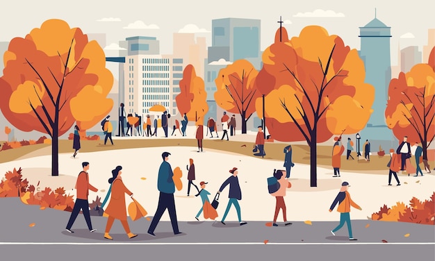 Vector people crowd walking in city par in autumn outdoor time flat vector characters in town