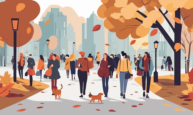 people crowd walking in city par in autumn outdoor time flat vector characters in town