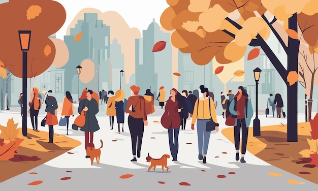 Vector people crowd walking in city par in autumn outdoor time flat vector characters in town