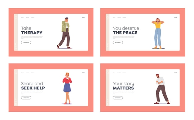Vector people crying landing page template set. characters express negative emotions, upset men and women with tears pouring down feel stress, bad mood, grief, sadness feelings. cartoon vector illustration
