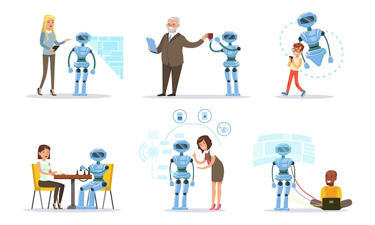 Vector people customize the work of the assistant robot vector illustration