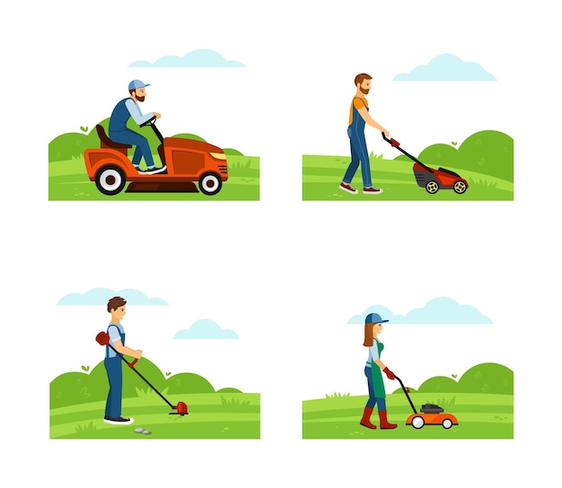 Vector people cutting grass house backyard seasonal cutting characters with lawn mower machines vector backgrounds