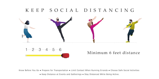 People dance with social distancing Keep a safe distance to slow the spread minimum 6 feet