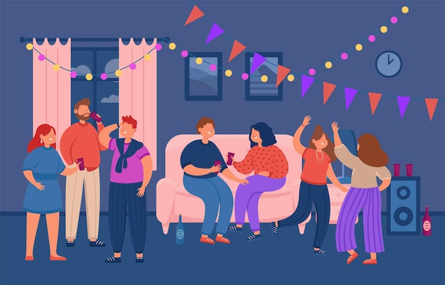 People dancing at home party flat illustration