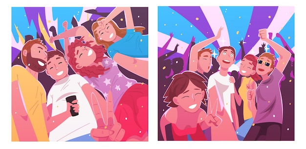 People dancing and making selfie in nightclub set happy men and women having fun at party or music festival vector illustration