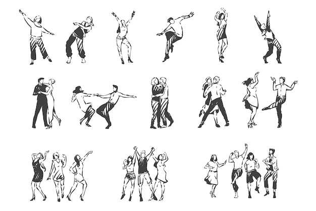 People dancing to music concept sketch. nightclub, outdoor, open air party, men and women waltzing, friends and couples entertaining and dancing together set. hand drawn isolated vector