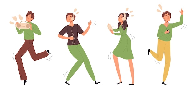 People dancing to music Dancers characters dancing and enjoying music party Cheerful dancers flat vector illustration set