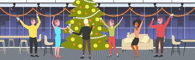 Vector people dancing near christmas tree merry xmas  holiday celebration concept coworkers having fun corporate party modern office interior  vector illustration