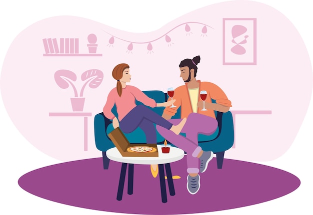 People on a date drink wine and eat pizza in a flat design. Includes girl and men, wine, candle