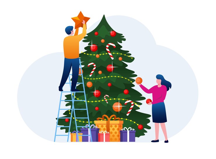 Vector people decorate christmas tree bring a gift merry christmas celebration flat vector illustration for banners