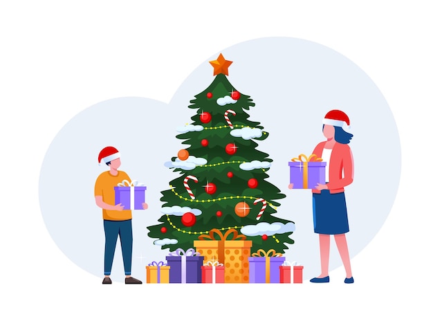 People decorate christmas tree bring a gift merry christmas celebration flat vector illustration for banners