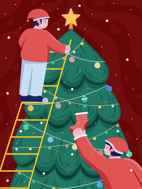 Vector people decorate a christmas tree together to celebrate christmas day