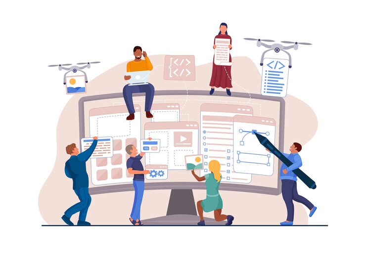 Vector people designer team work on computer interface development. developer programming code, creating content and user website application mockup using drone help on pc display vector illustration