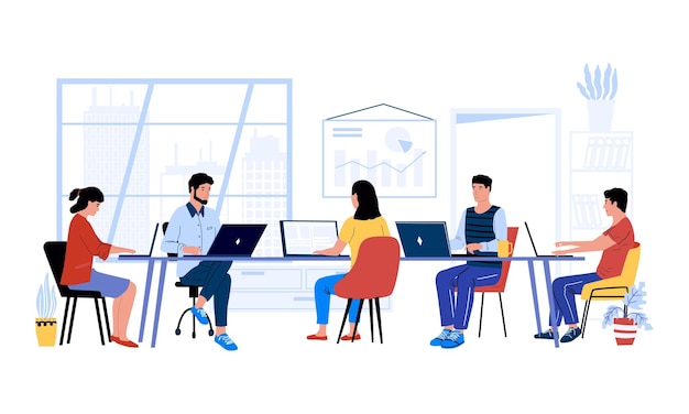 Vector people at desk men and women working together at project office colleagues and coworking mates workspace interior communication and business process vector workspace illustration