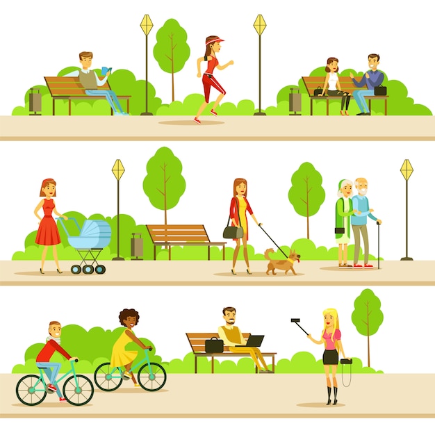 People Different Activities Outdoors Set Of Illustrations