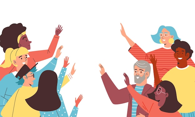 Vector people of different ages and colors clap each others hands banner with copy space for text flat vect