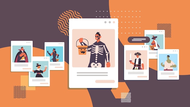 People in different costumes discussing during video call happy halloween party celebration self isolation online communication concept web browser windows portrait horizontal vector illustration