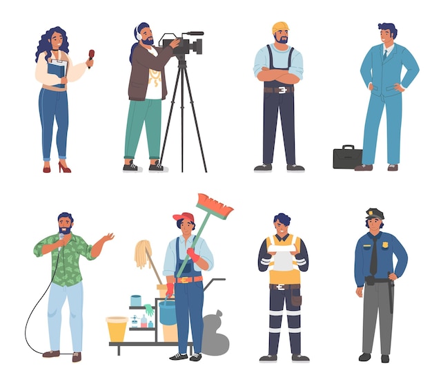 People of different occupations and professions workers in uniform cartoon character set flat vector...