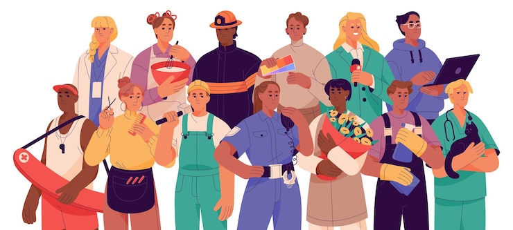 वेक्टर people of different professions group portrait workers of diverse professional occupation business standing together doctor miner cleaner flat vector illustration isolated on white background