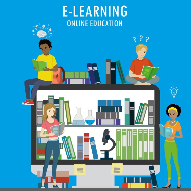 Vector people different races read books learning process and education concept monitor with book library