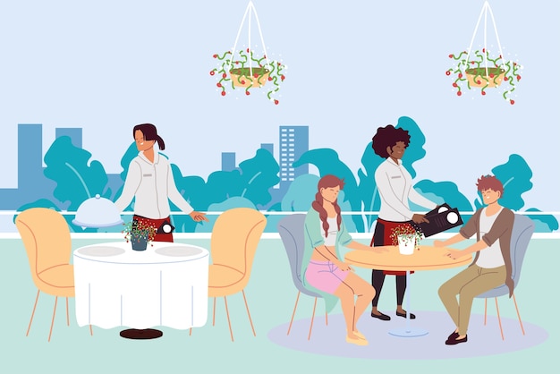 People dining in an upscale outdoor luxury restaurant and waiters taking the order illustration design