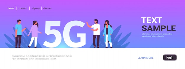 Vector people discussing during meeting using 5g online wireless system connection fifth innovative generation of high speed internet concept full length horizontal copy space