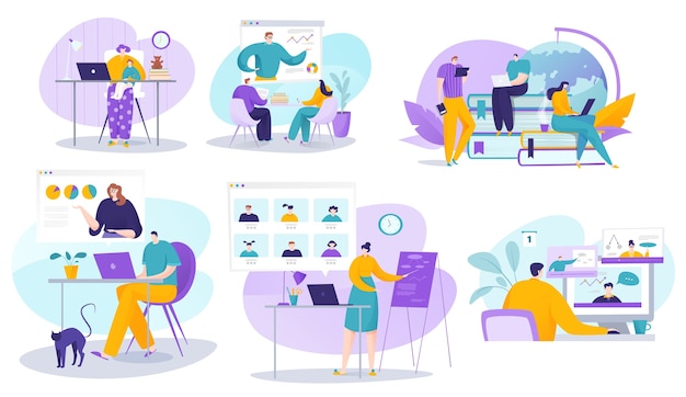 people in distance learning illustration set