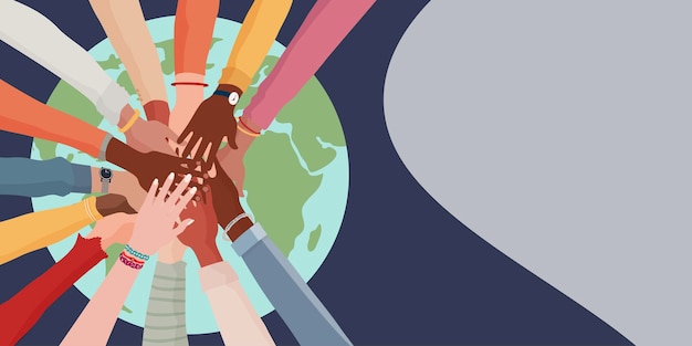 Vettore diversità delle persone mani uno sopra l'altro sul globo persone di diversa cultura razziale banner