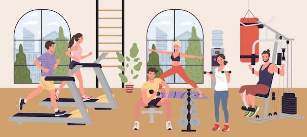 Vector people doing cardio exercises, weight lifting and yoga in gym