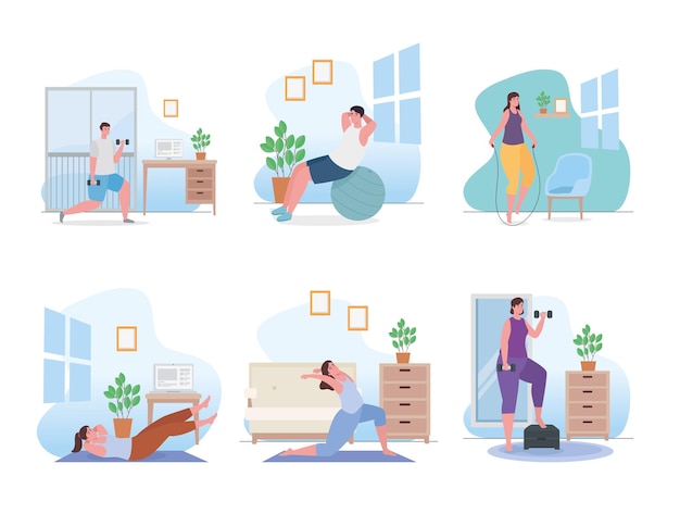 People doing exercise at home collection illustration