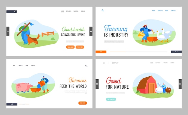 農業の仕事のランディングページテンプレートセットをしている人々