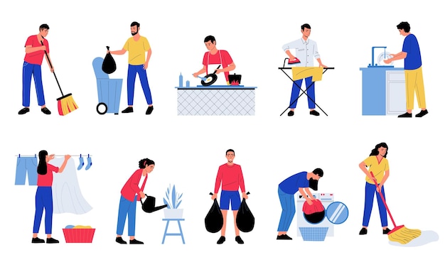 Vector people doing housework men woman characters cooking dishes watering flowers cleaning up doing housework chores vector cartoon isolated set