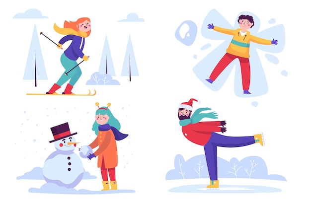 Vector people doing outdoor winter activities