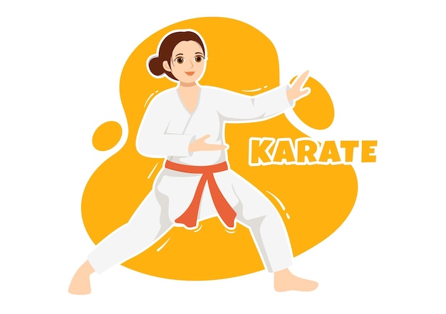 People Doing Some Karate Martial Arts Moves and Wearing Kimono in Hand Drawn Templates Illustration