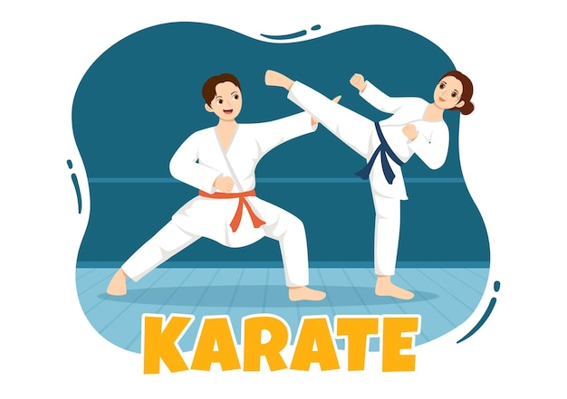 Vector people doing some karate martial arts moves and wearing kimono in hand drawn templates illustration