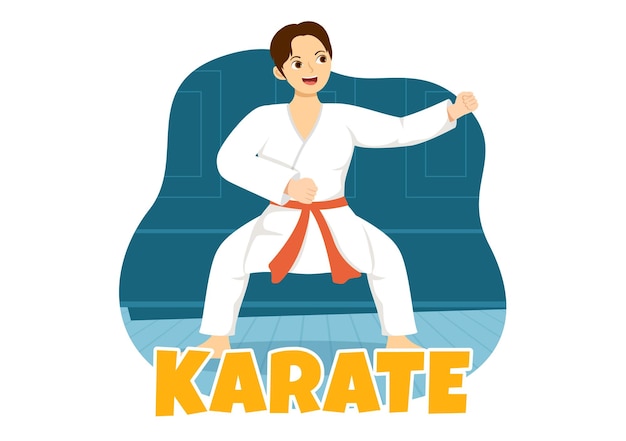 People Doing Some Karate Martial Arts Moves and Wearing Kimono in Hand Drawn Templates Illustration
