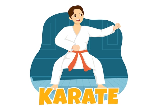 La gente che fa alcune mosse di arti marziali di karate e indossa il kimono nell'illustrazione disegnata a mano dei modelli