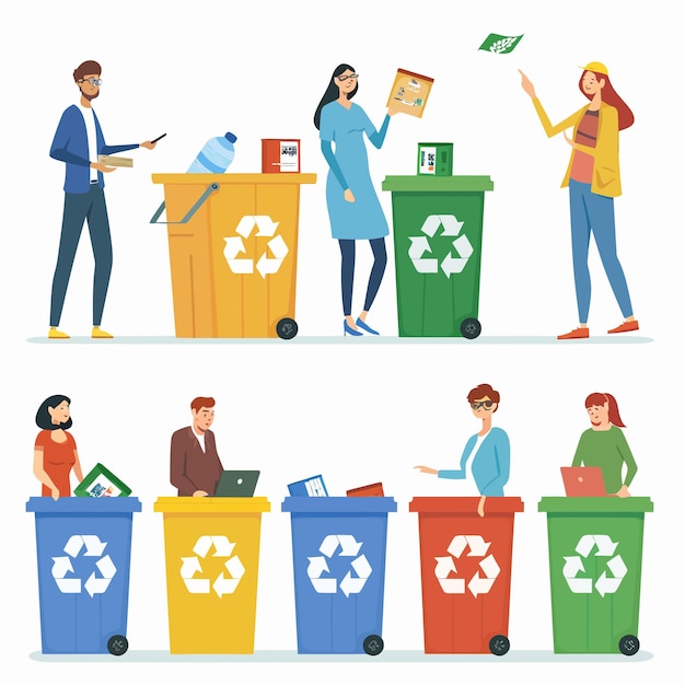 Vector people_doing_waste_sorting_into_recycling_bins