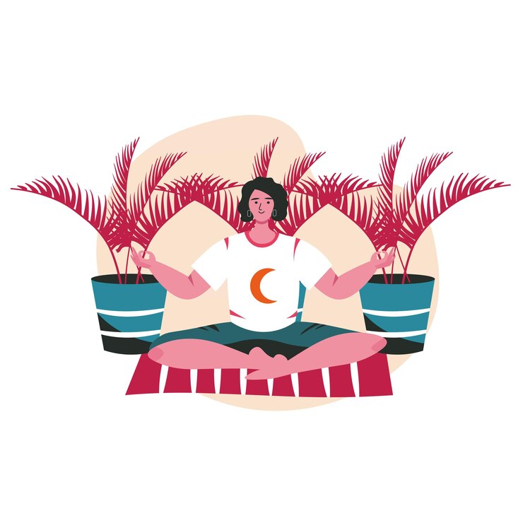 Vector people doing yoga asanas scene concept. woman meditates in lotus position. sports training, relaxation and physical development, people activities. vector illustration of characters in flat design