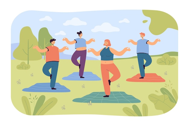 Vector people doing yoga in park