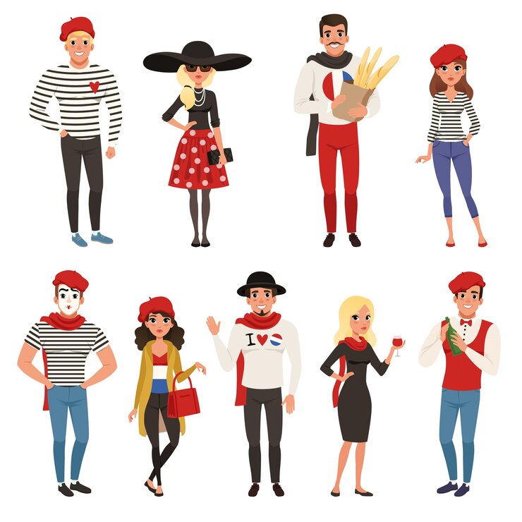 Vector people dressed in traditional parisian style illustrations on a white background