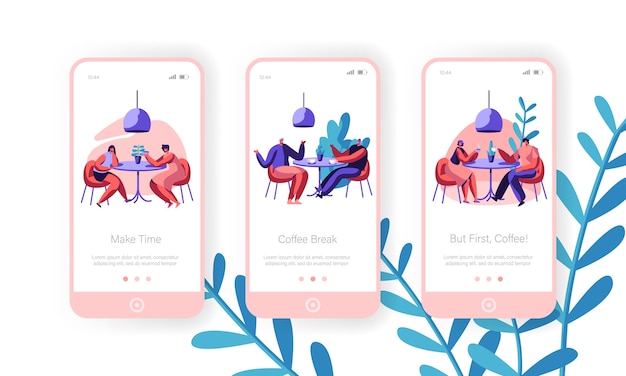 人々はコーヒーモバイルアプリページのオンボード画面セットを飲みます。カフェテーブルで話す男女。カフェテリアのウェブサイトまたはウェブページのビジネスランチのコンセプト。フラット漫画ベクトルイラスト