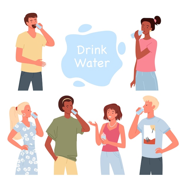 Vector people drink water vector illustration set. cartoon bearded man and guy holding glass, beautiful woman standing with water bottle, girl in casual clothes drinking and smiling isolated on white