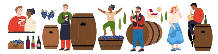 Vector people drink wine winemaking industry grape harvest sommelier characters testing natural beverage romantic couple with glasses wooden barrels alcohol production garish vector winemakers set