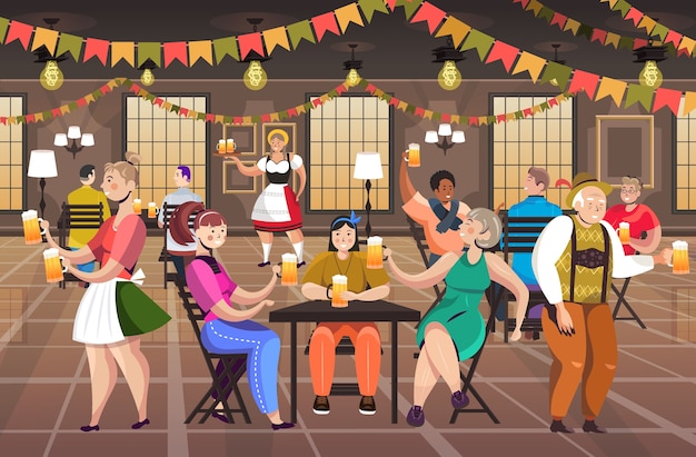 Vector people drinking beer in pub oktoberfest party celebration concept mix race men women having fun horizontal full length vector illustration