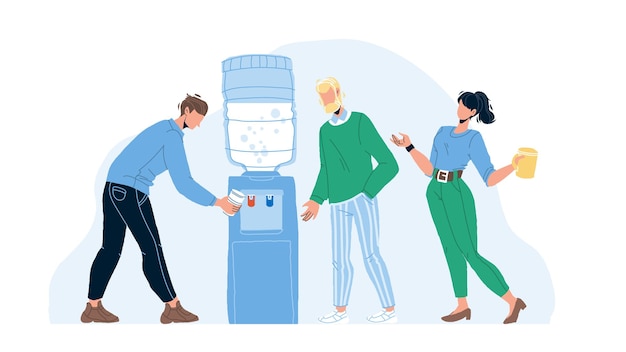 Vector people drinking fresh water from cooler vector. office colleagues filling cups with hot and cold liquid from cooler equipment. thirsty characters men and woman having break flat cartoon illustration