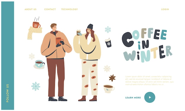 Persone che bevono bevande calde al modello di pagina di destinazione invernale. giovani personaggi in abiti caldi che si godono il caffè invernale all'aperto. , vacanze di natale, tempo libero. illustrazione vettoriale lineare