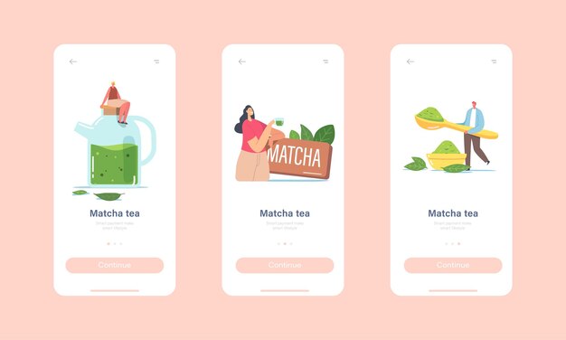 Persone che bevono tè matcha mobile app pagina modello di schermo a bordo. piccoli personaggi in un'enorme teiera e tazza con foglie di tè verde e polvere per un concetto di bevanda salutare. fumetto illustrazione vettoriale