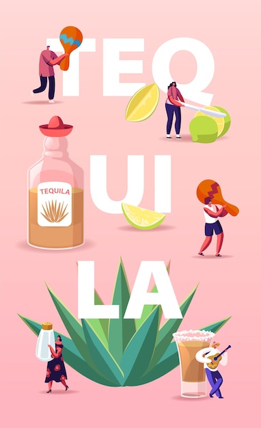 People drinking tequila illustration with tiny characters